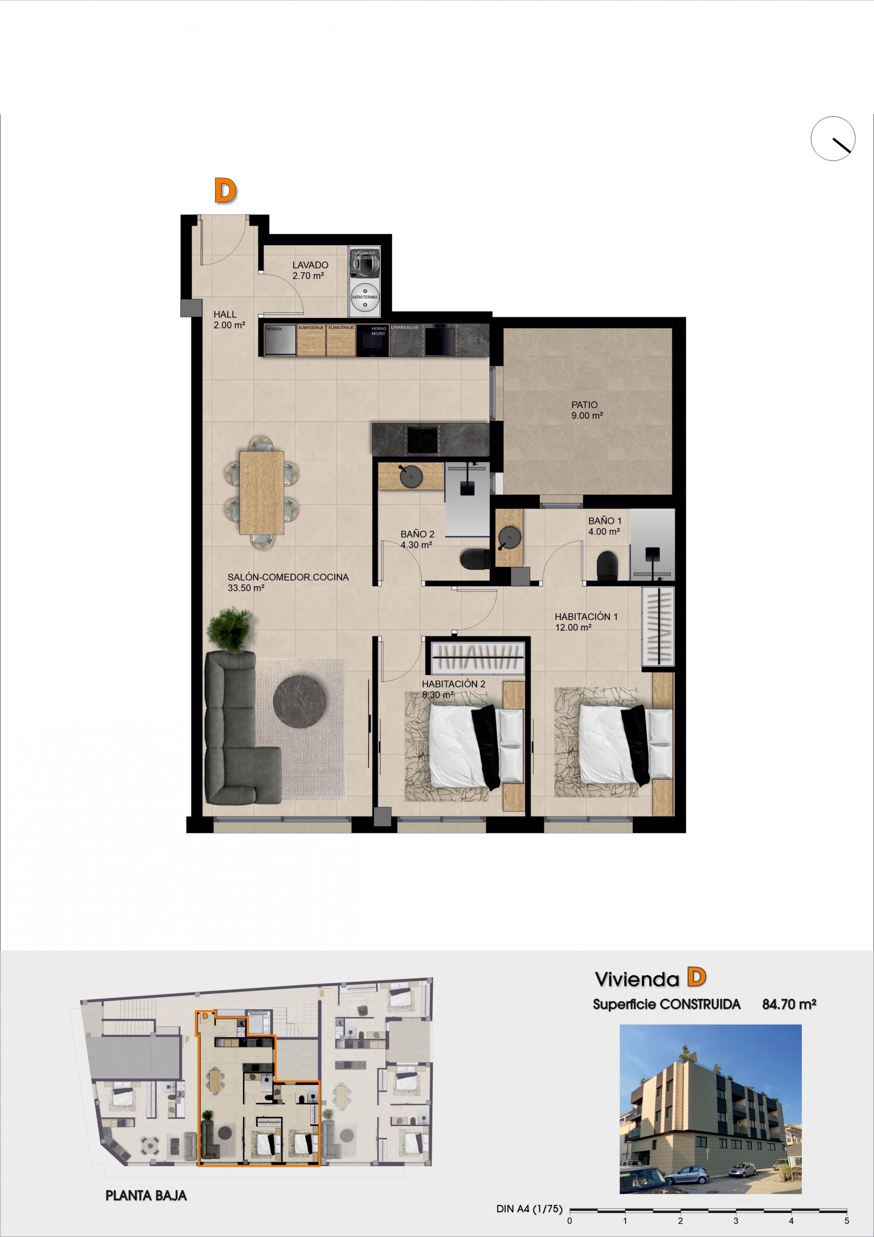 Floor plan showing 84 m2 layout of 2-bedroom apartment, Catral, Alicante