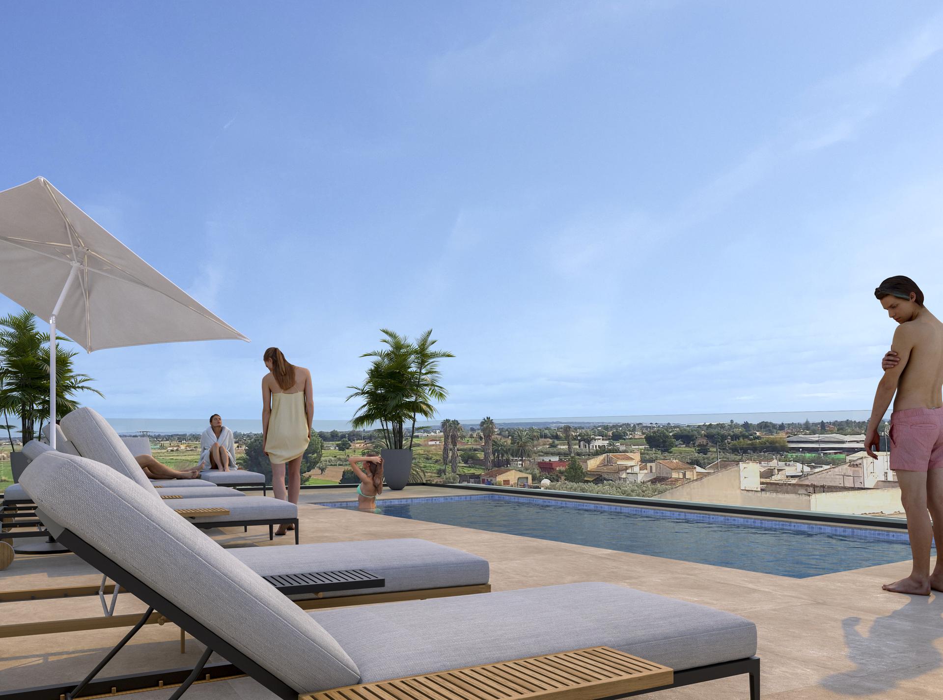 Communal pool area at new-build residential complex, Catral, Alicante