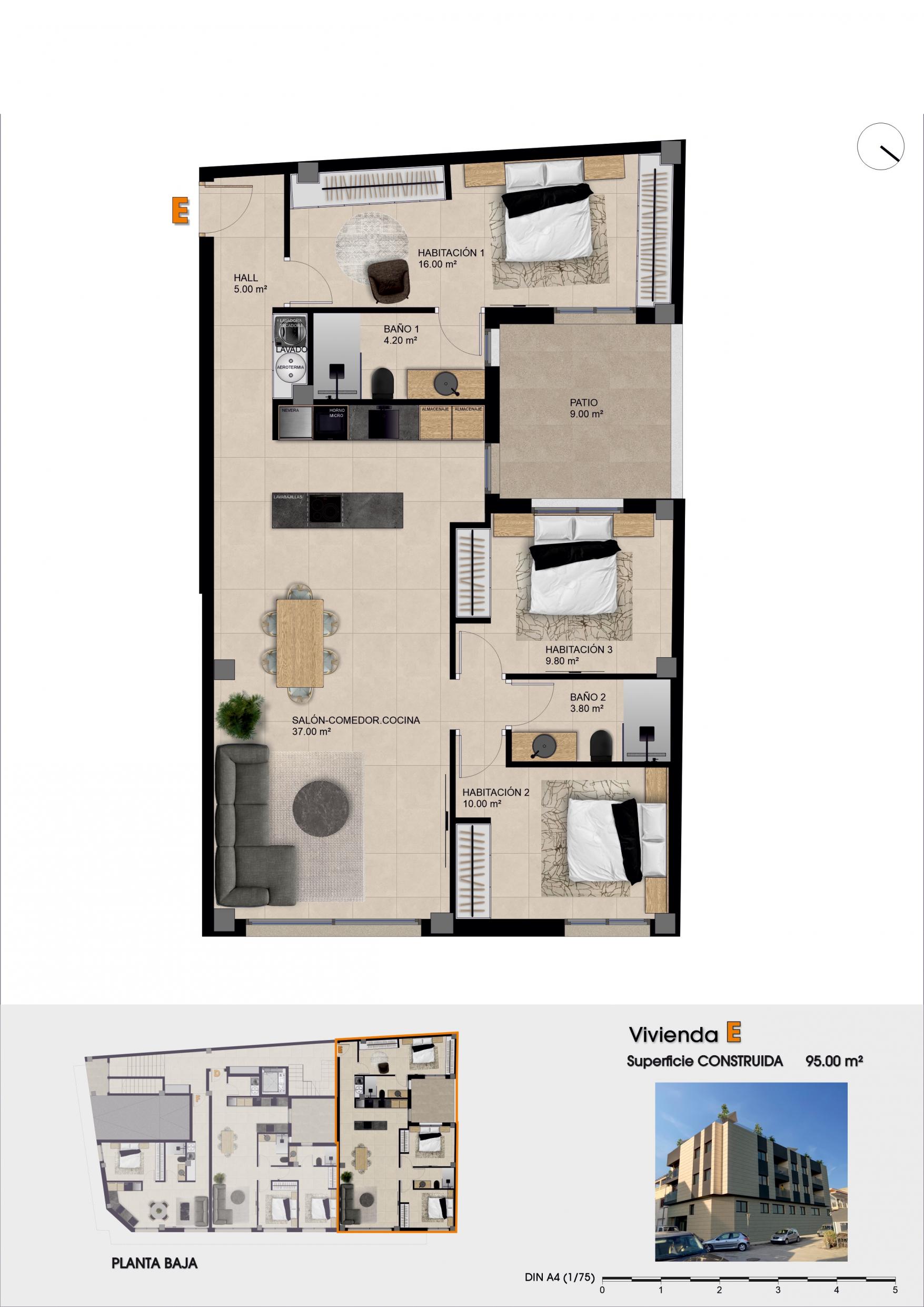 Floor plan showing layout of 3-bedroom apartment at new-build development, Catral