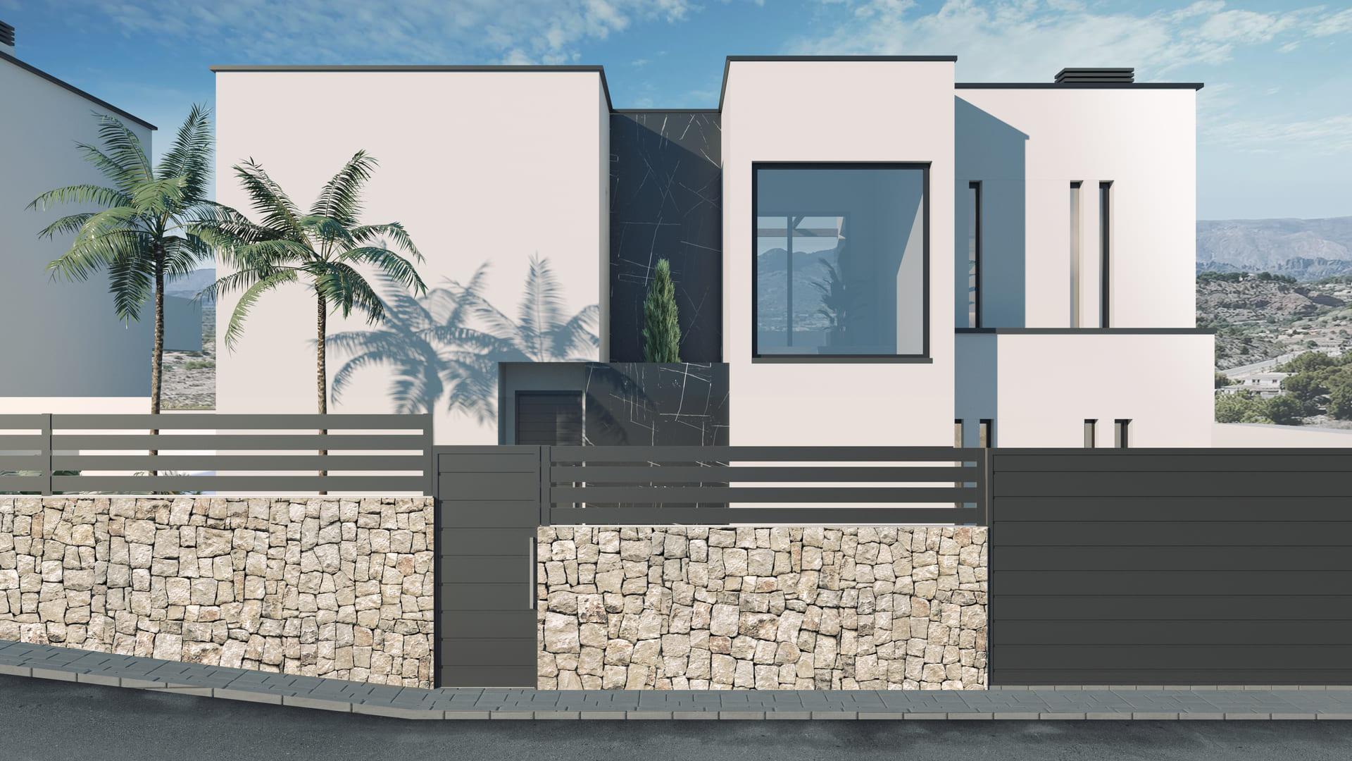 Living room with large windows and garden view, new-build villa, Golf Puig Campana