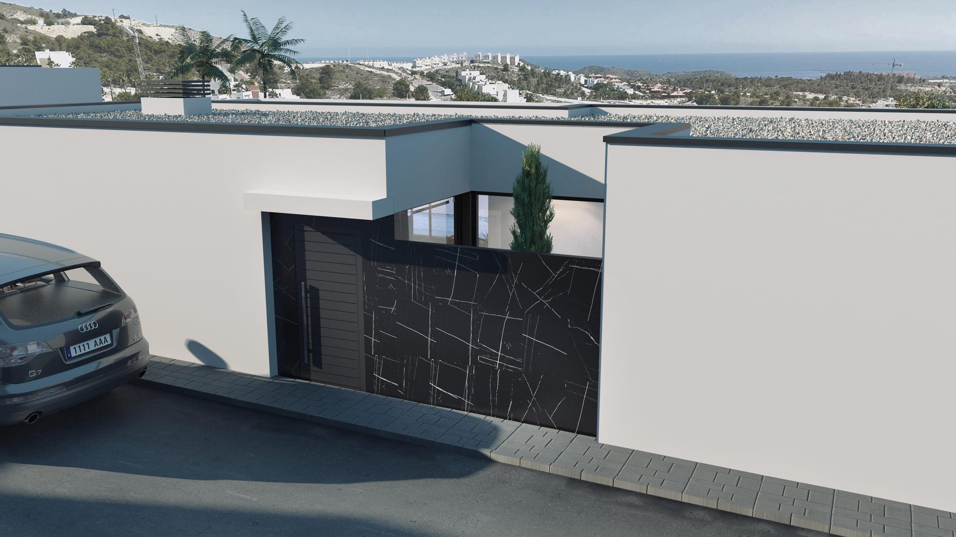 Side elevation of new-build villa on 326m2 plot, Golf Puig Campana