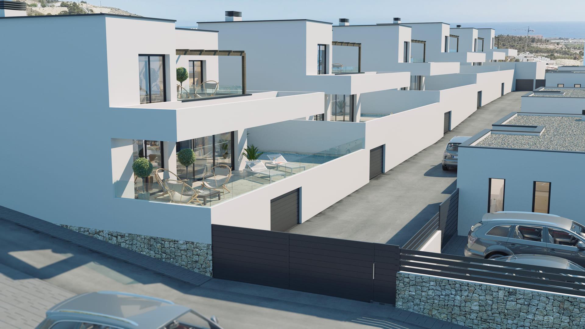 Front elevation of 3-bedroom new-build villa in Golf Puig Campana, Finestrat