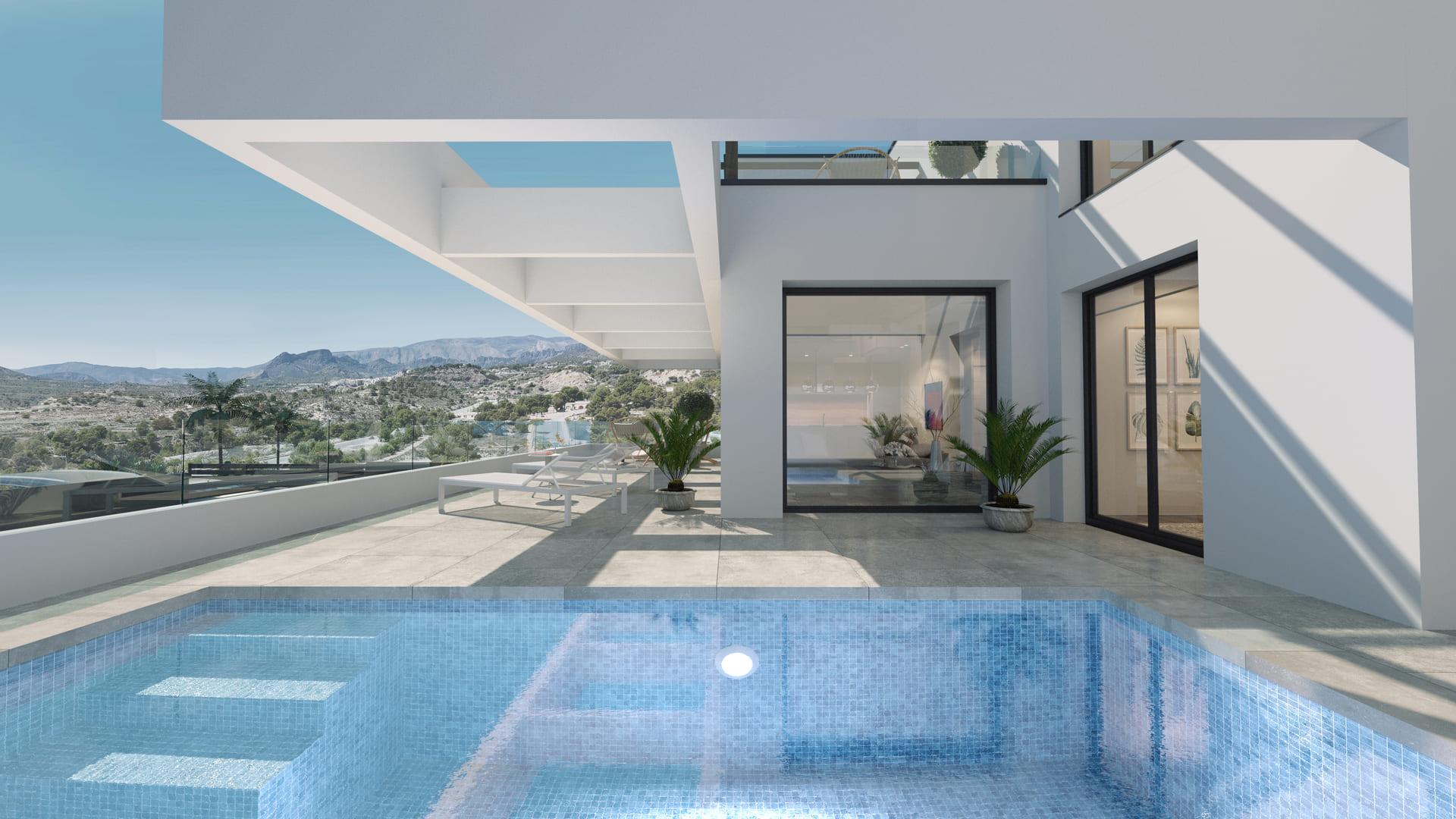 Rear garden and plot area of new-build villa in Golf Puig Campana, Finestrat