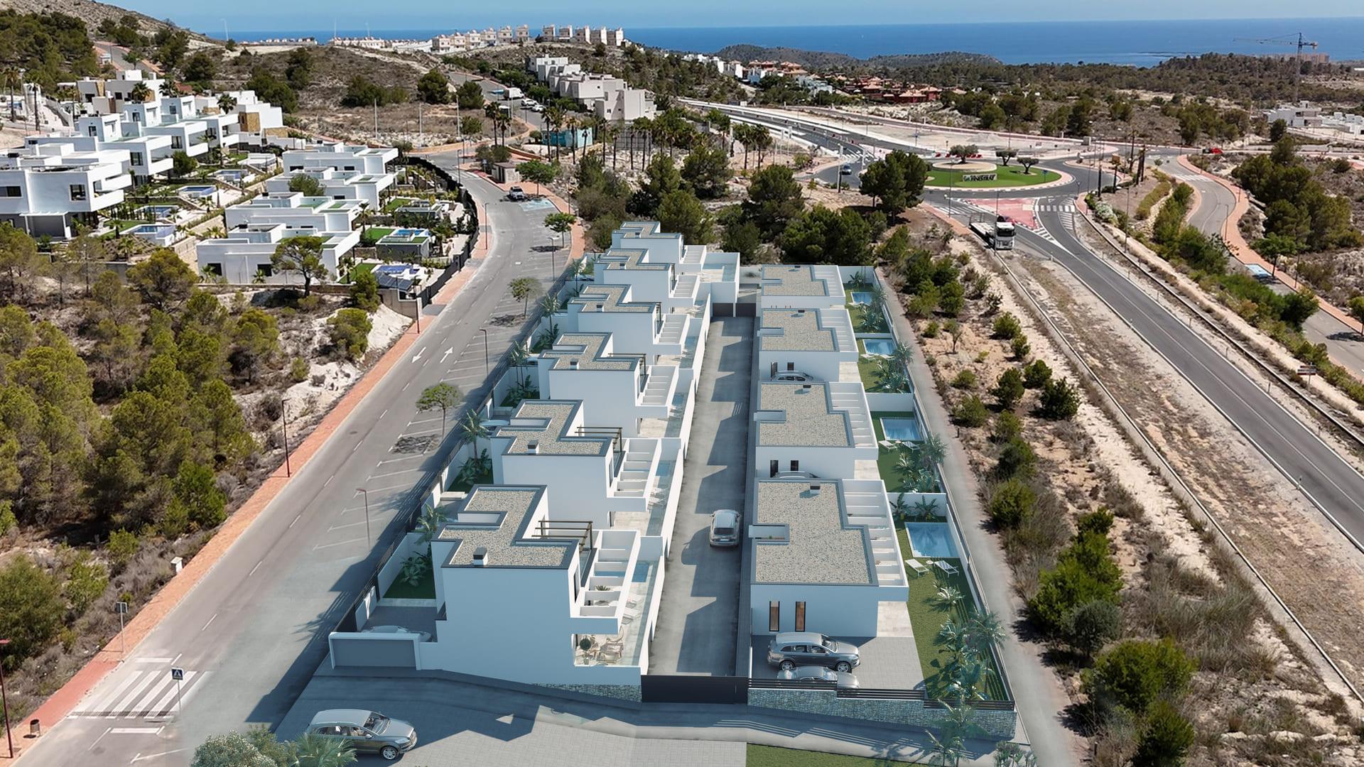 Exterior cladding detail on new-build villa, Golf Puig Campana, Finestrat