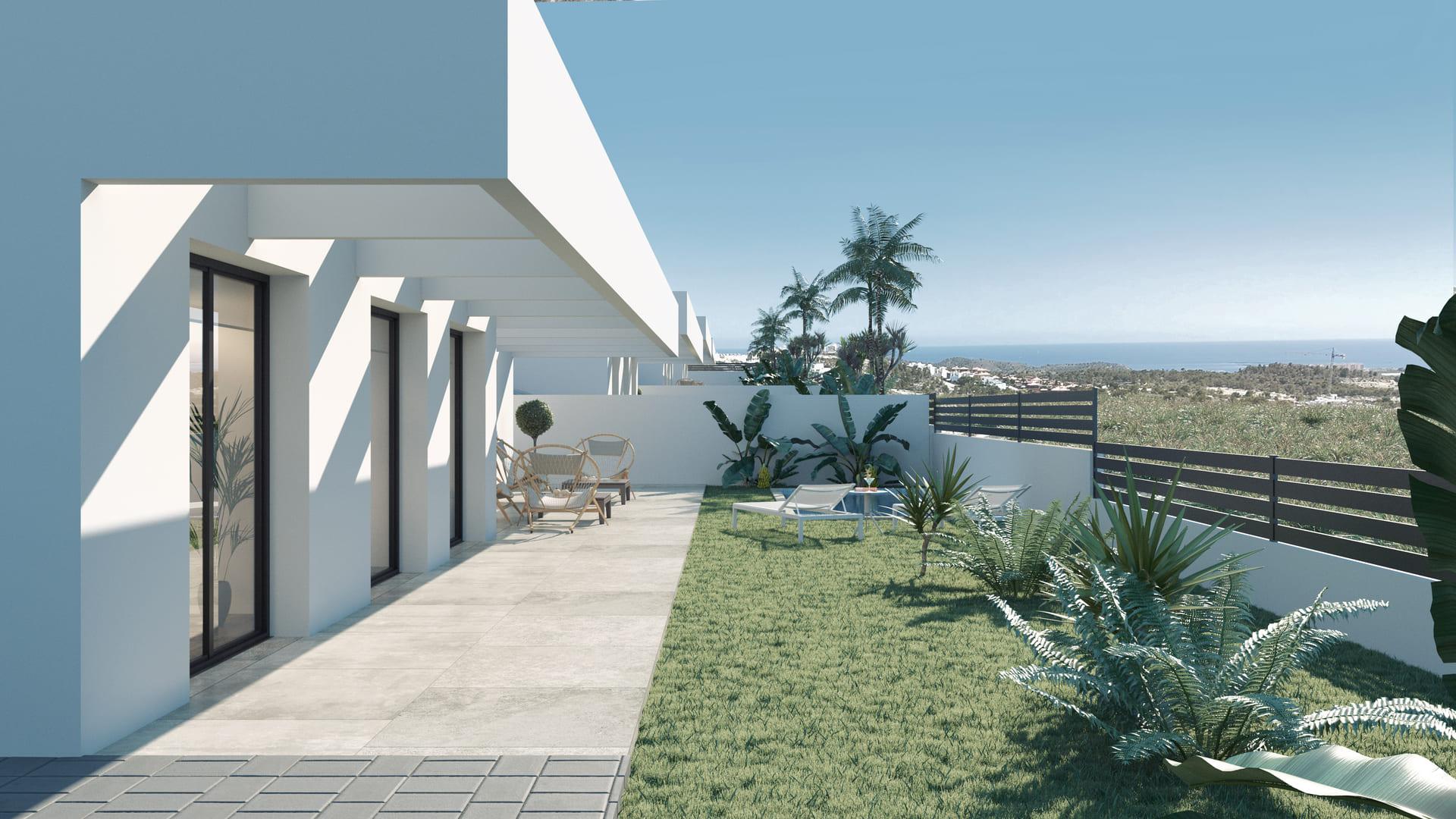 Entrance door and facade of new-build villa, Golf Puig Campana, Finestrat