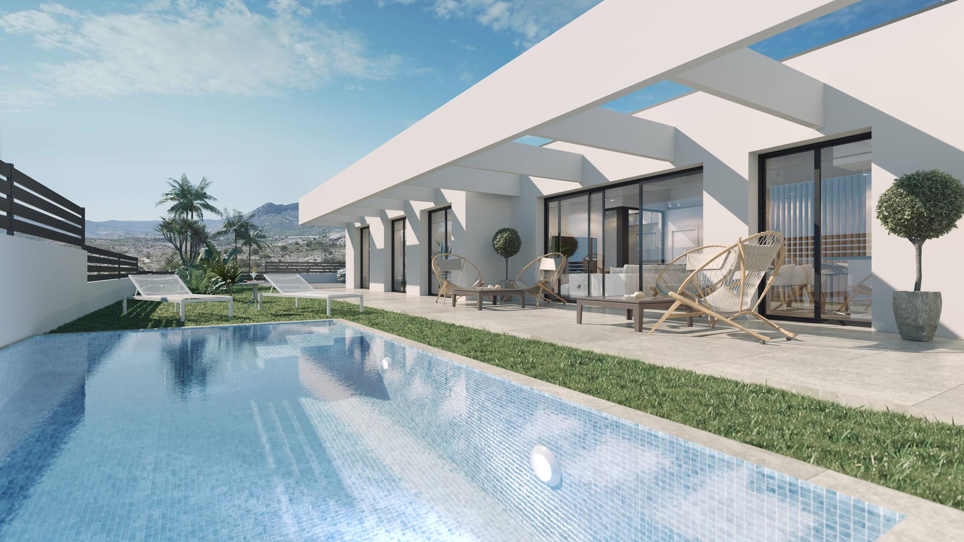Open-plan living and dining area in 3-bedroom new-build villa, Golf Puig Campana