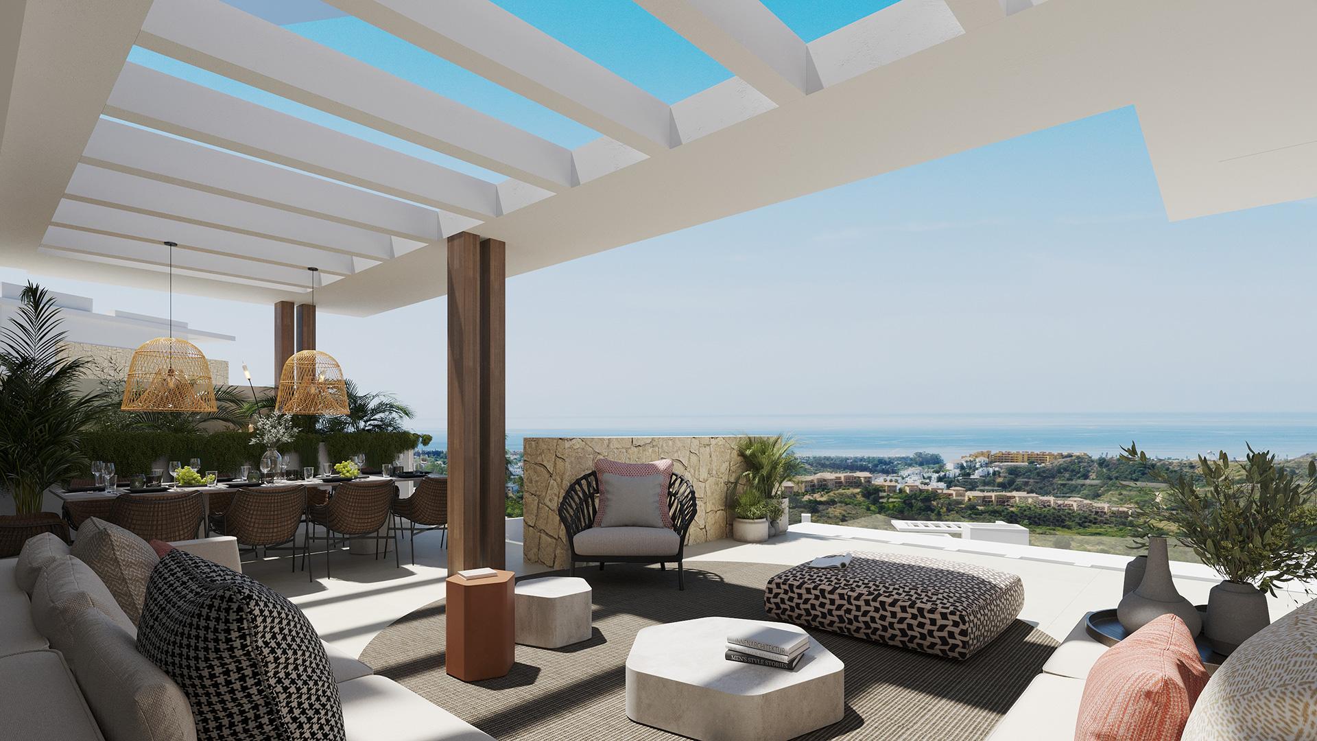 Landscaped communal gardens of new-build complex, Los Flamingos, Benahavis