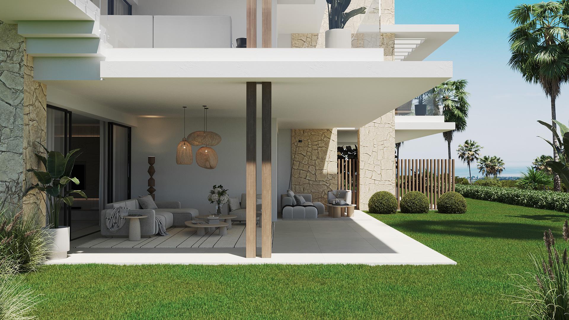 Communal pool area of residential development in Los Flamingos, Benahavis