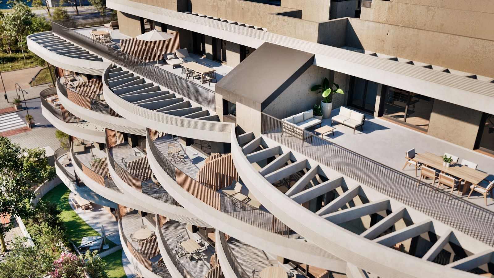 Communal area with seating at new-build development, Campanillas