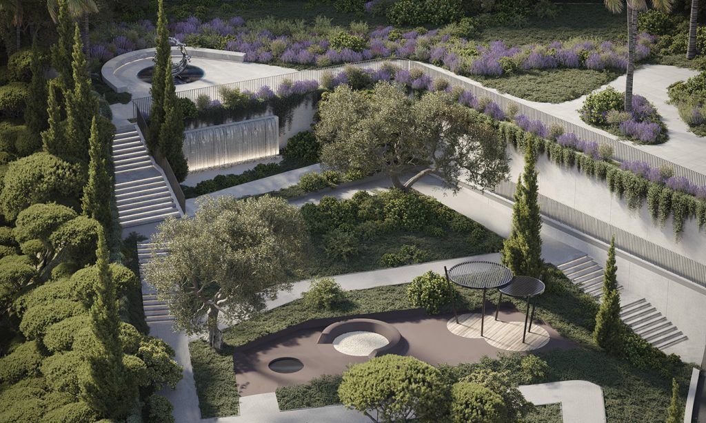 Landscaped communal gardens in new-build residential complex, El Higuerón, Mijas