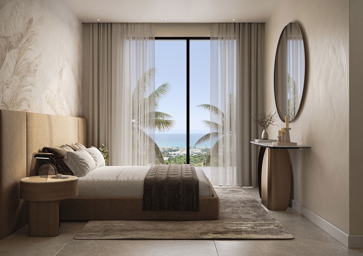 Living area with floor-to-ceiling windows in 2-bedroom new-build apartment, El Higuerón, Mijas