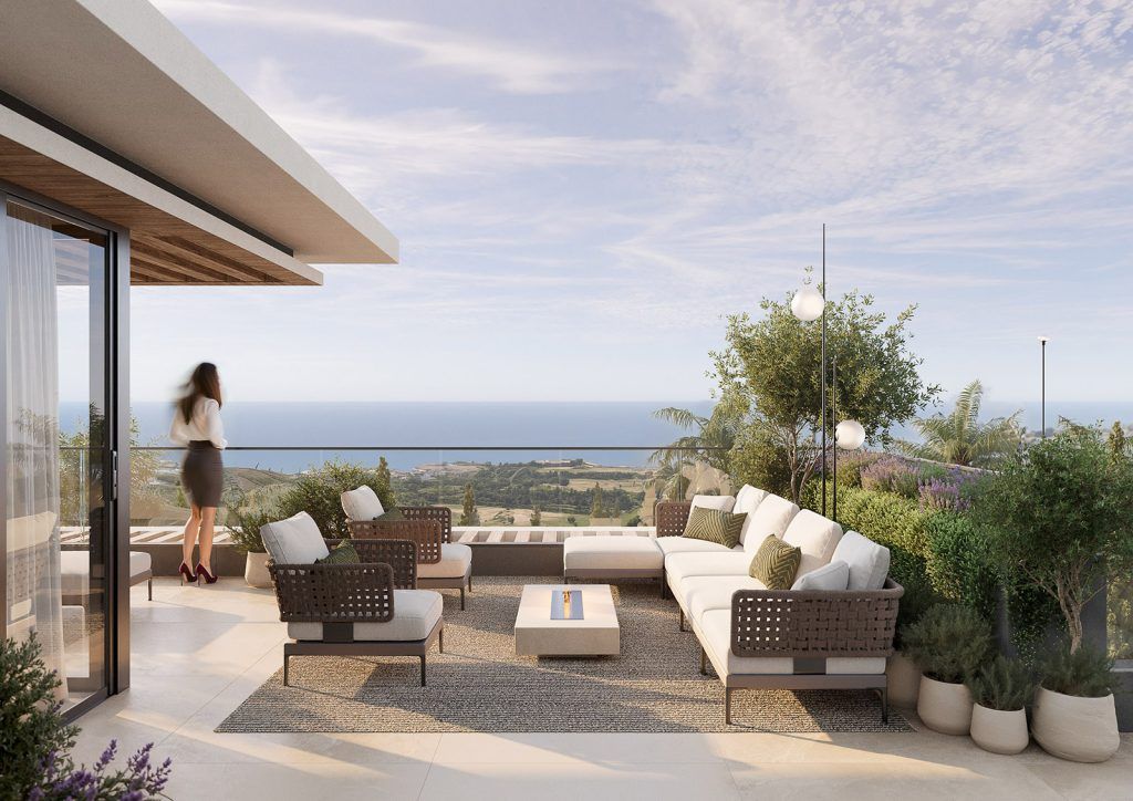Evening view of communal pool area, El Higuerón residential complex