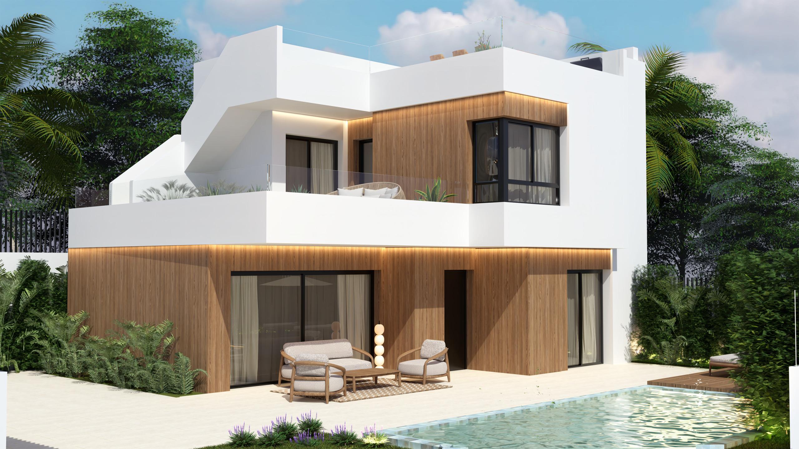 Garden view from terrace of new-build villa, Vistabella, Orihuela