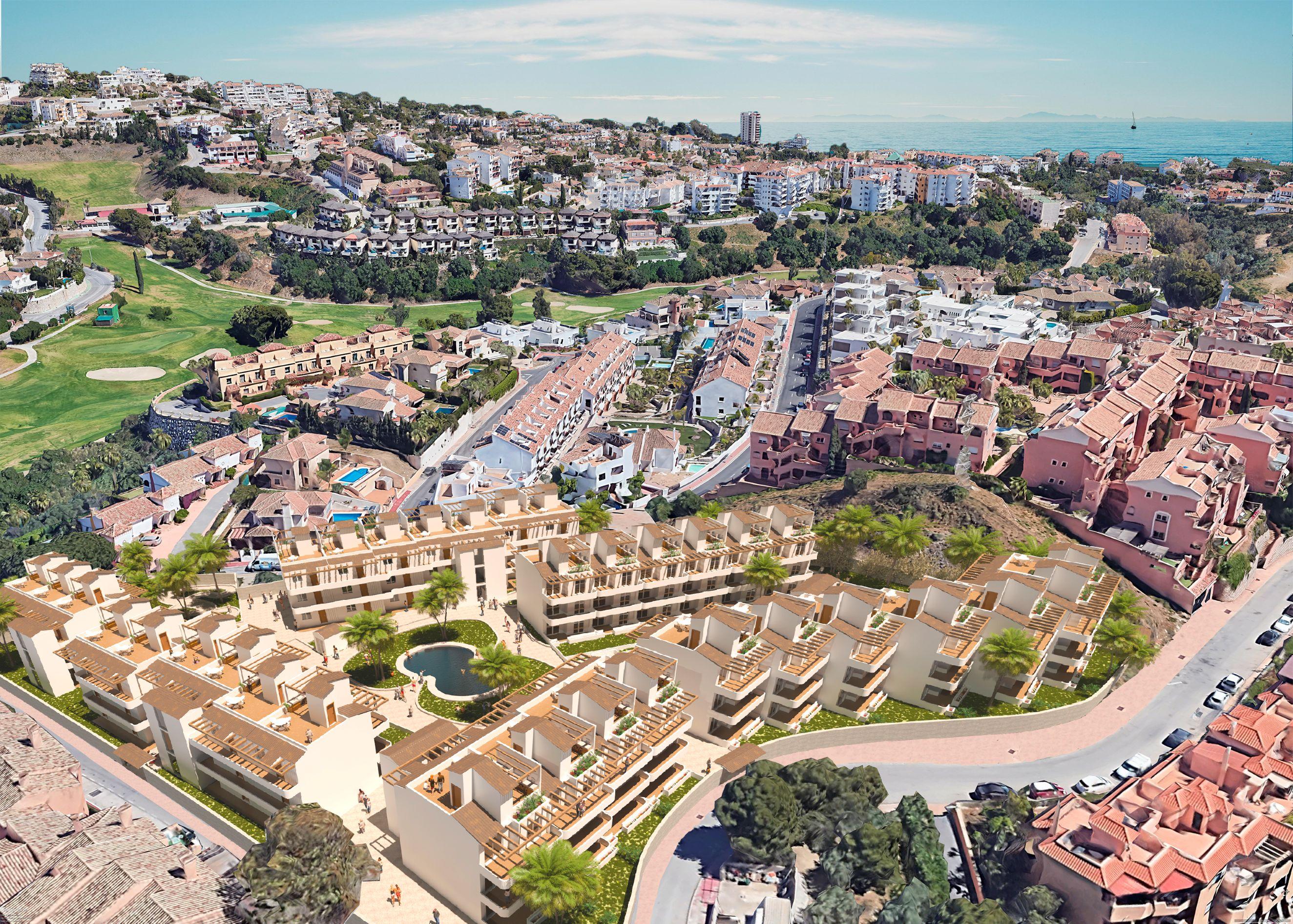 Open-plan living and dining area in 2-bedroom new-build penthouse, Torrenueva, Mijas