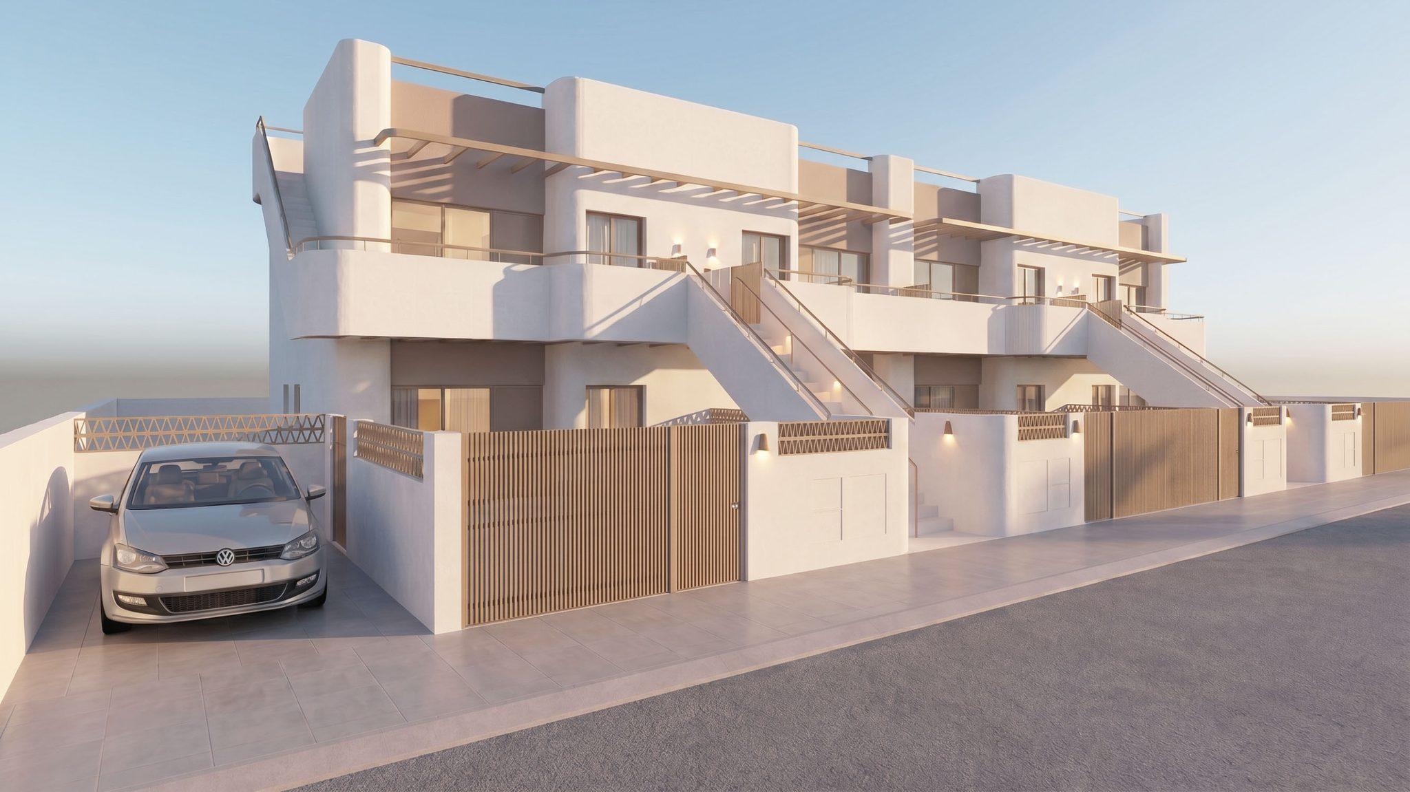 Front elevation of new-build bungalow development, Zona Pueblo, Pilar De La Horadada