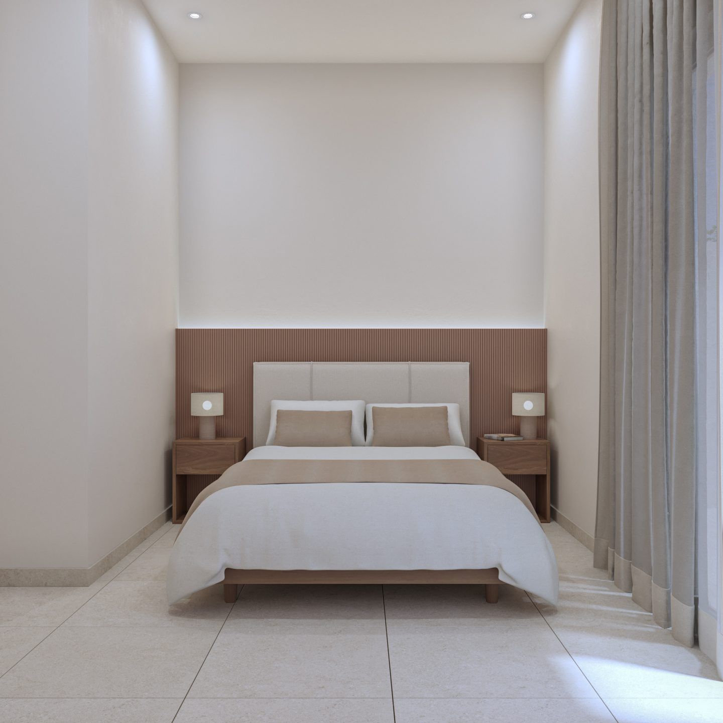 Porcelain tile flooring detail in living room, 2-bedroom bungalow, Zona Pueblo