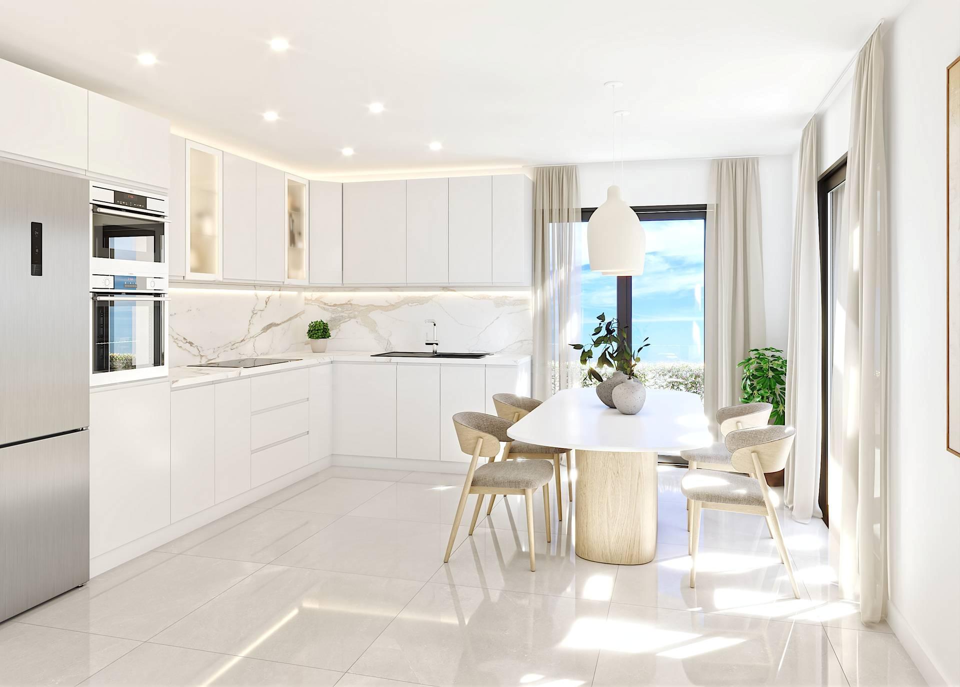 Open-plan kitchen with integrated appliances, Las Flores apartment, Mijas