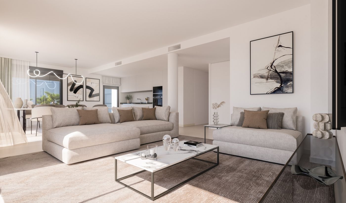 Open-plan living and dining area in 3-bedroom ground-floor apartment, Arroyo Vaquero, Estepona