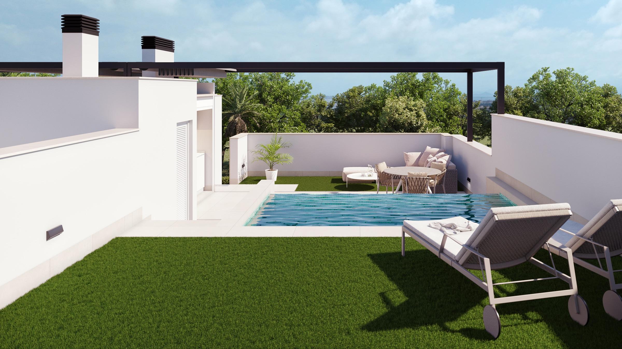 Pool deck area with outdoor space, new-build bungalow, Pilar de la Horadada