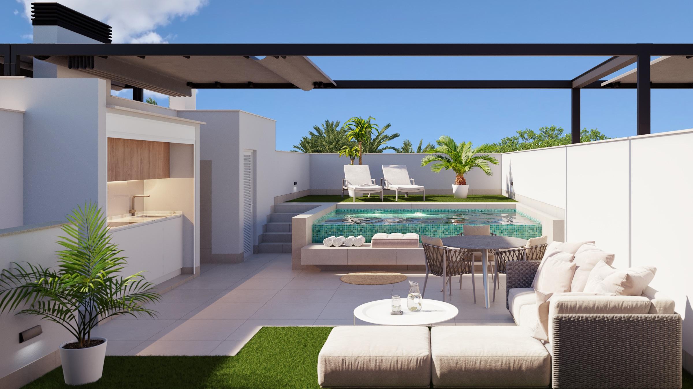 Pool area with garden planting, 3-bedroom bungalow, Pilar de la Horadada