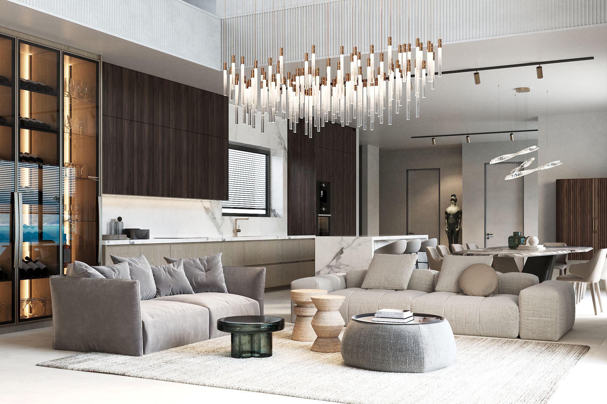 Living room with floor-to-ceiling glazing overlooking garden, new-build villa, Finestrat Hills