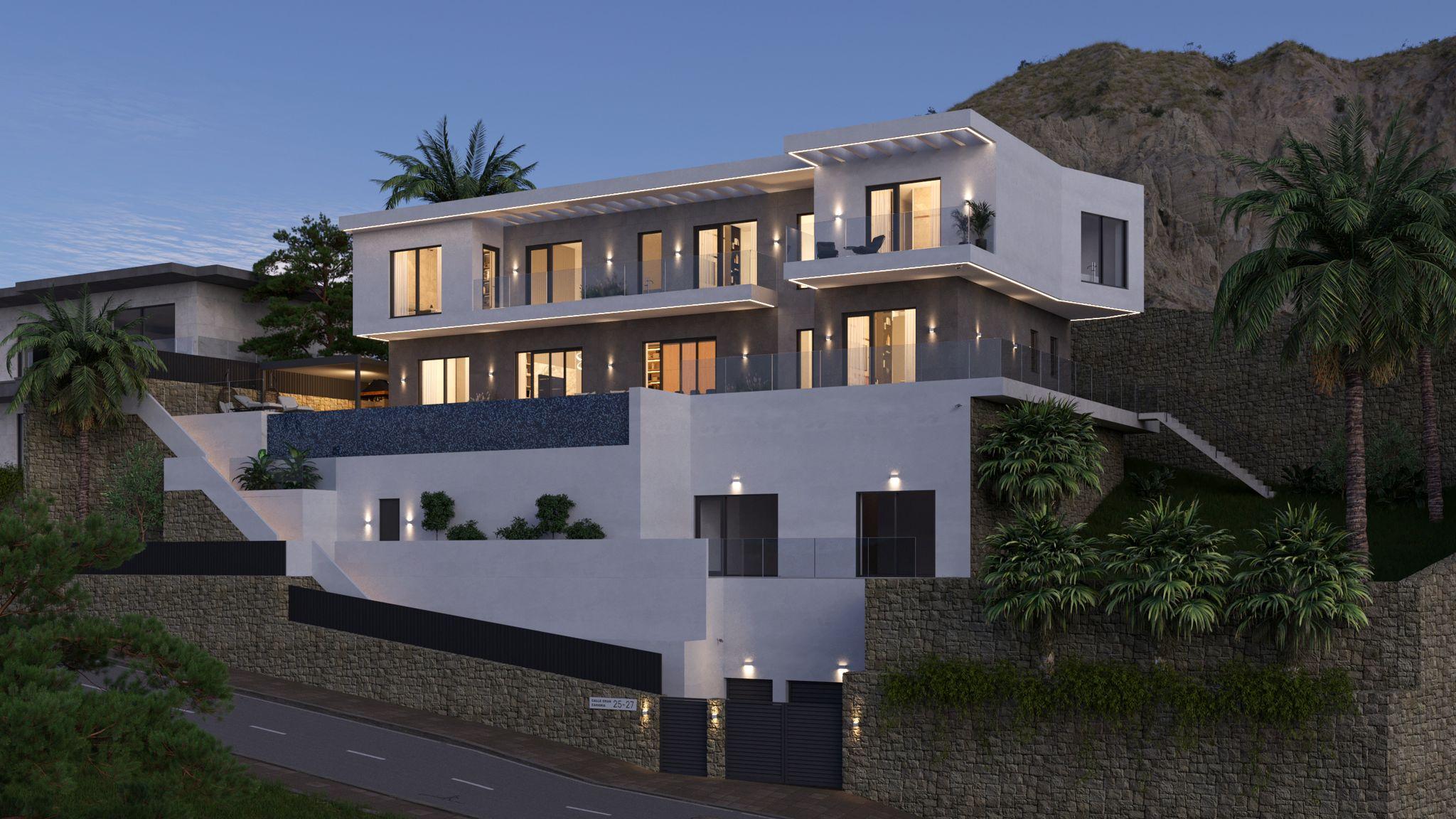 Covered outdoor terrace adjacent to pool in 7-bedroom villa, Finestrat Hills
