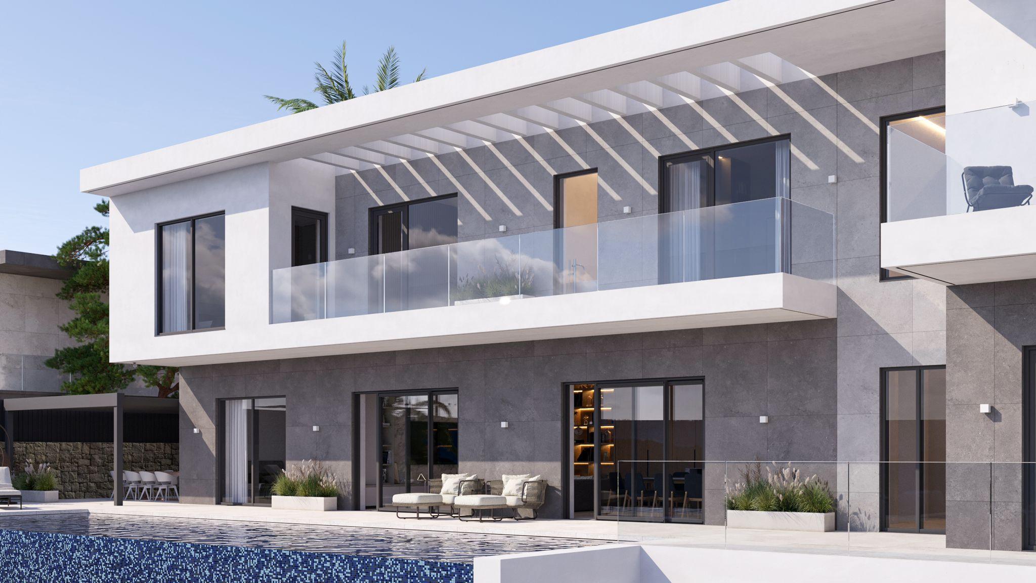Entrance facade of 7-bedroom new-build villa, Finestrat Hills
