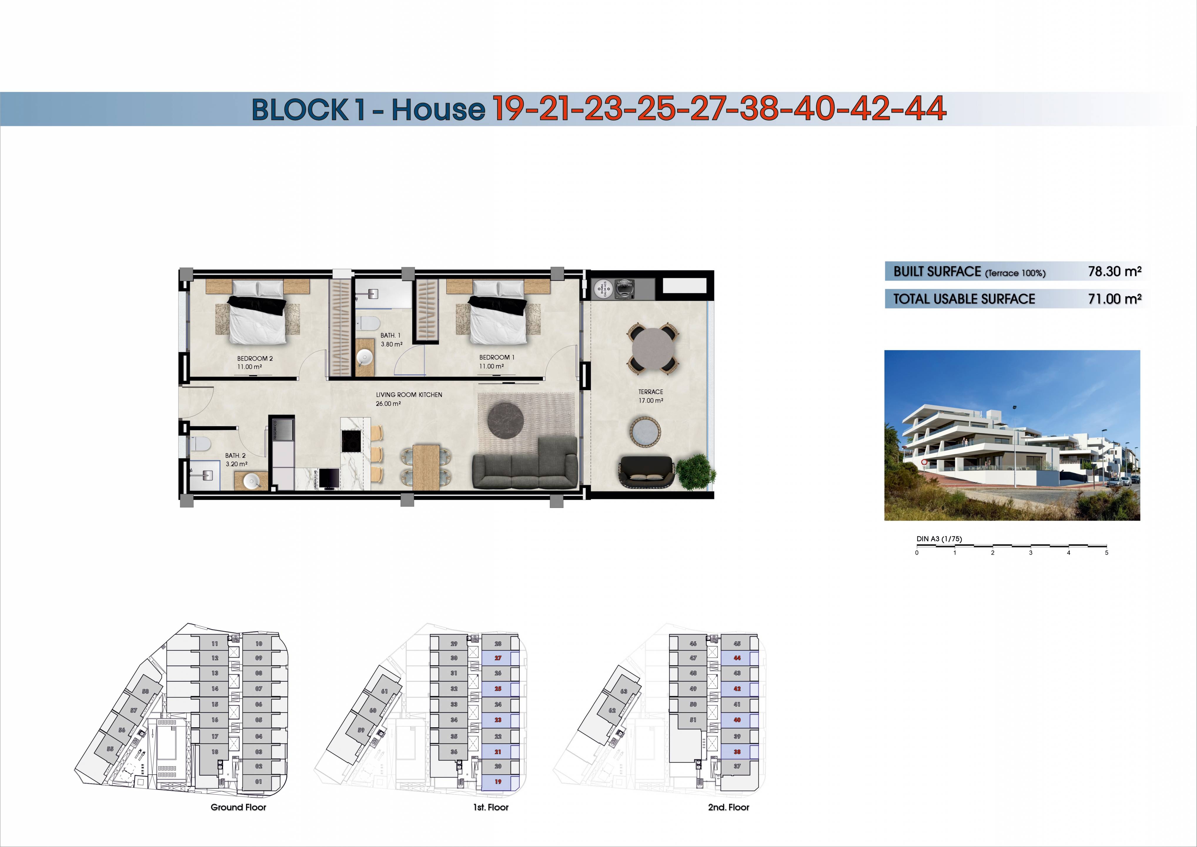 Floor plan of 2-bedroom new-build apartment, 78 m2, El Pinet, La Marina
