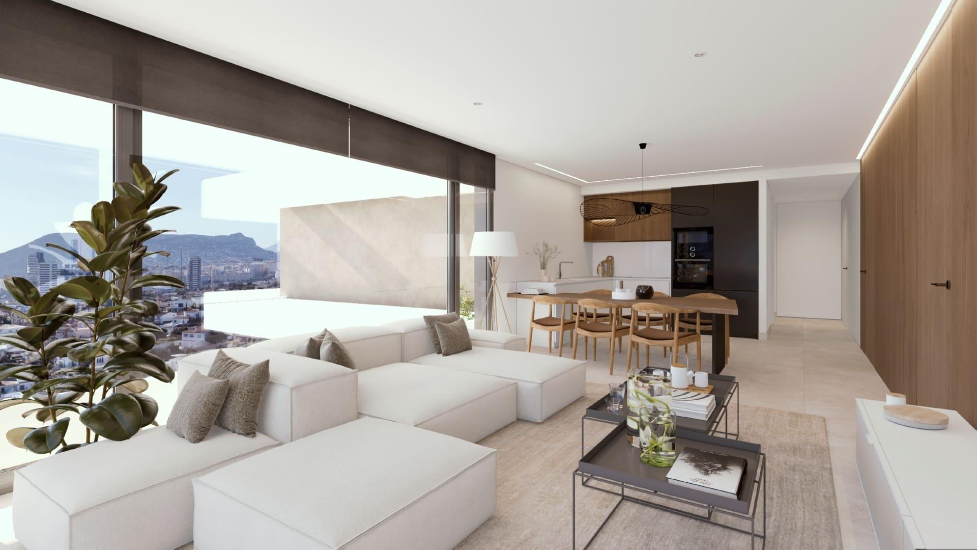 Landscaped communal gardens with planting, new-build residential complex, Playa de Fossa-Levante, Calpe