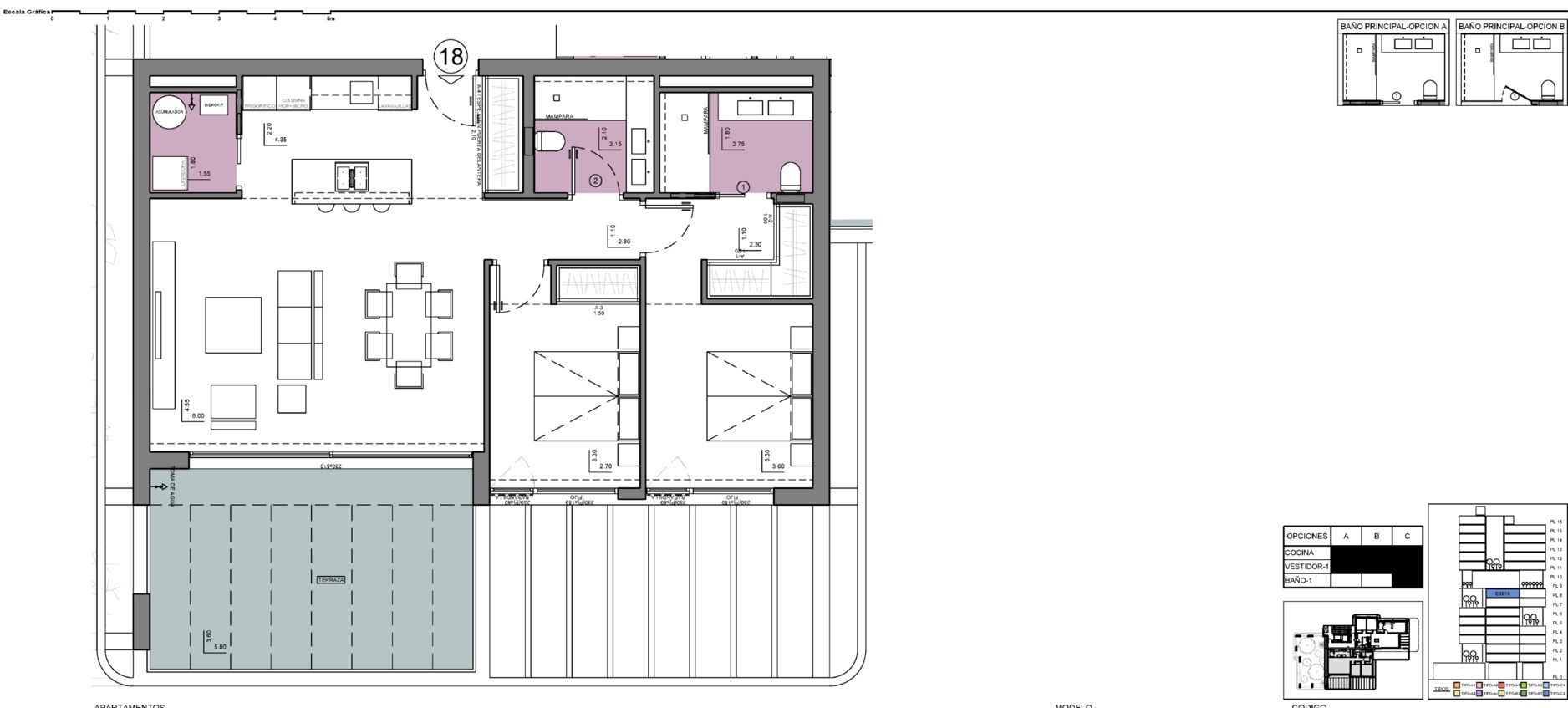 Floor plan showing 2-bedroom apartment layout, Playa de Fossa-Levante, Calpe