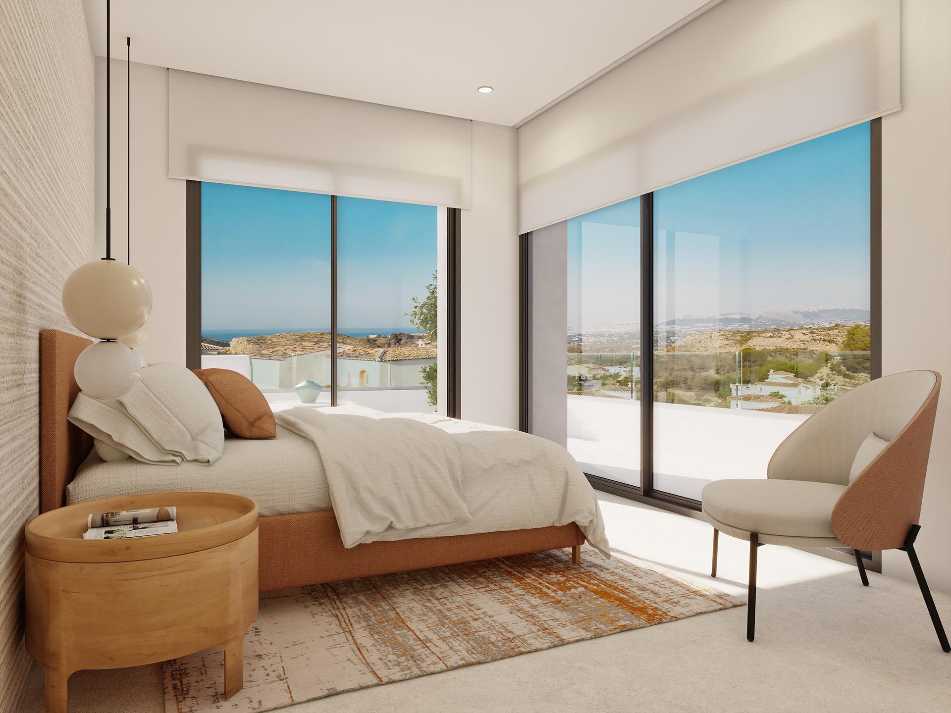 Open-plan living area with large glazed openings in 393 m2 new-build villa, Benitachell