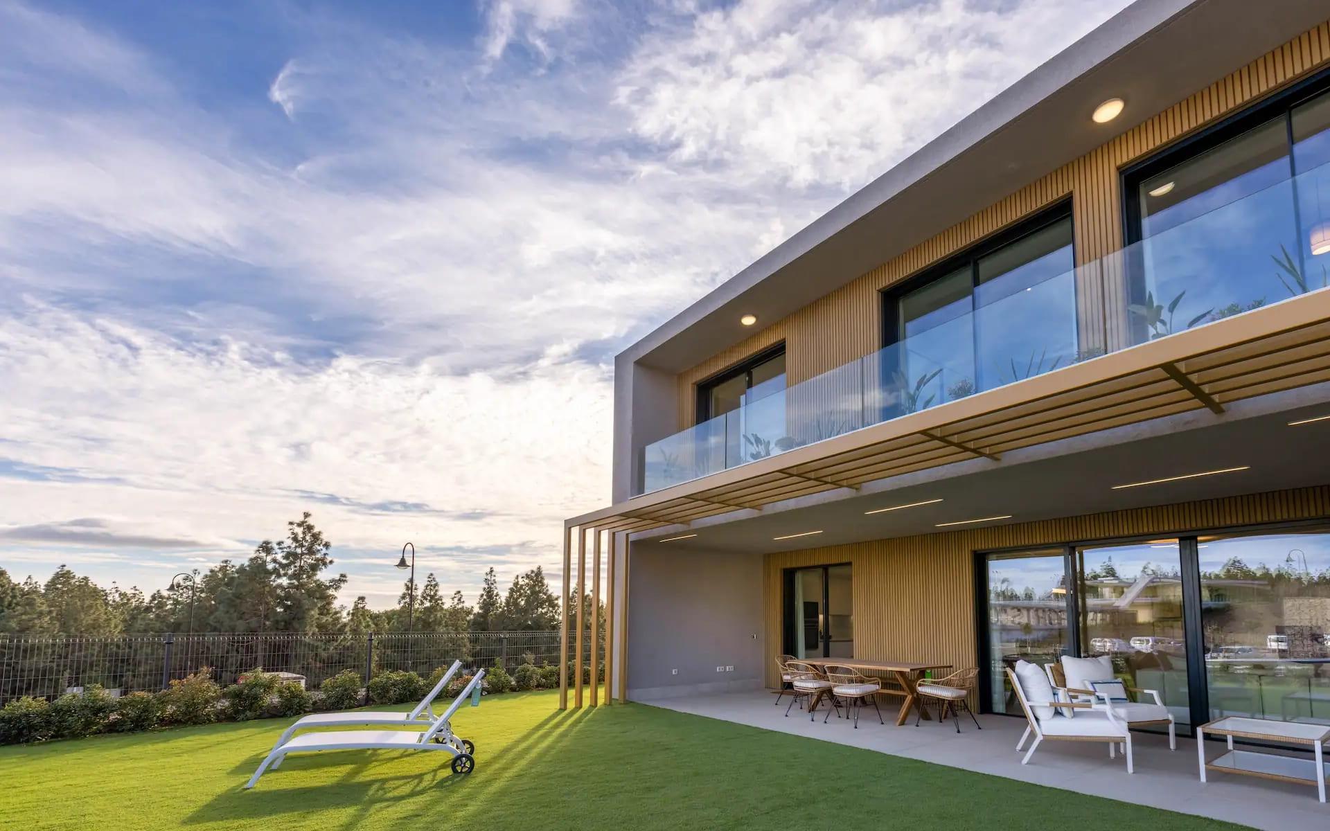 Communal landscaped gardens in new-build townhouse development, Calaburra, Mijas