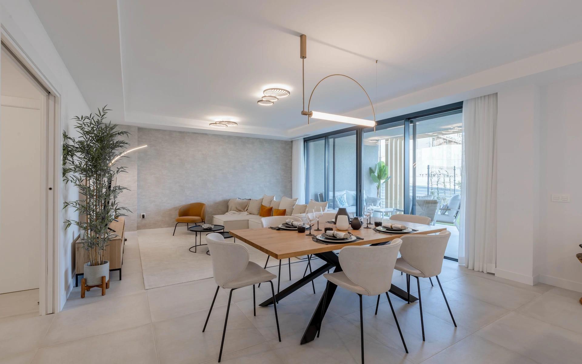 Kitchen with modern appliances and porcelain tile flooring in new-build townhouse, Calaburra, Mijas