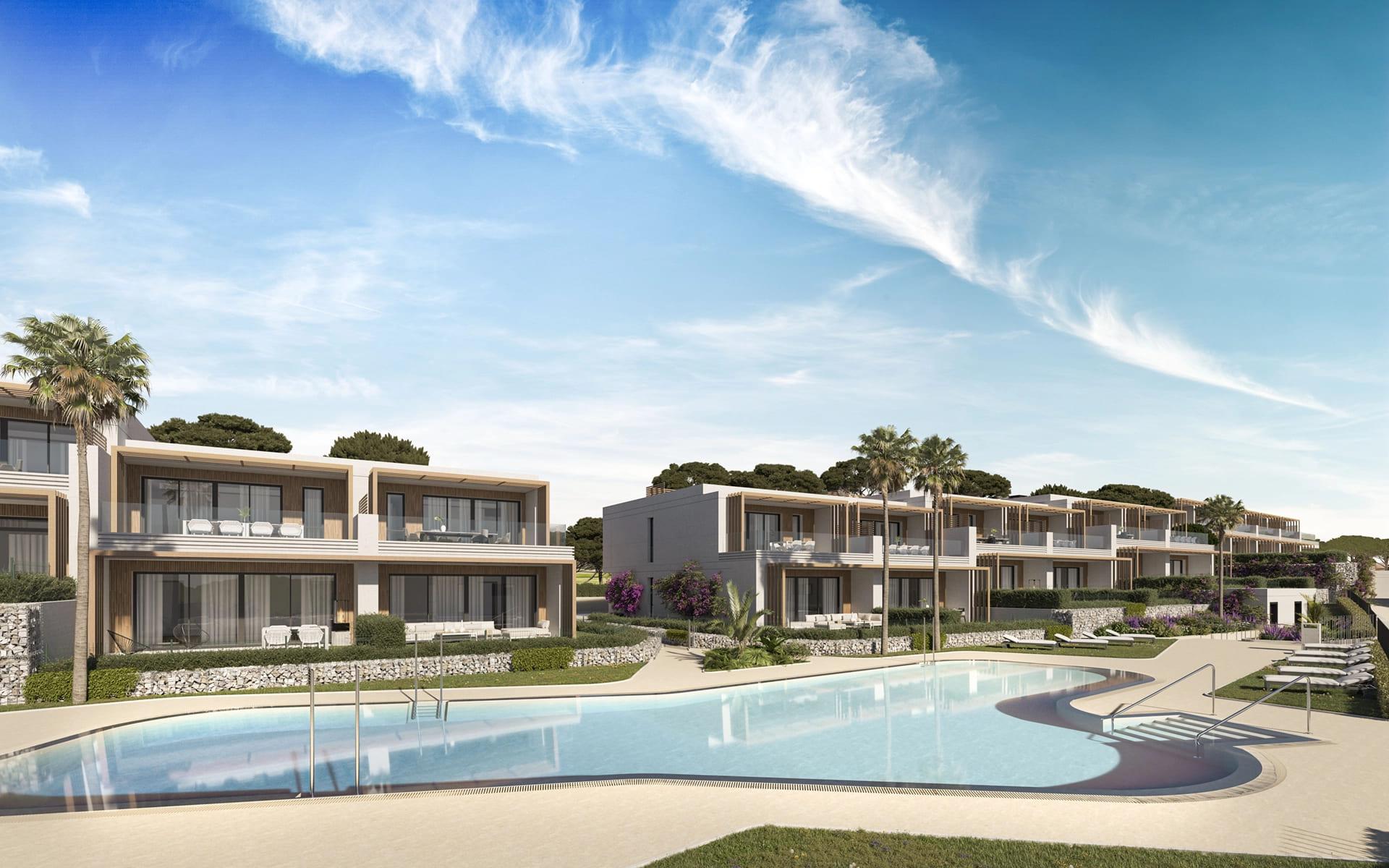 Terrace with outdoor seating in 3-bedroom new-build townhouse, Calaburra, Mijas