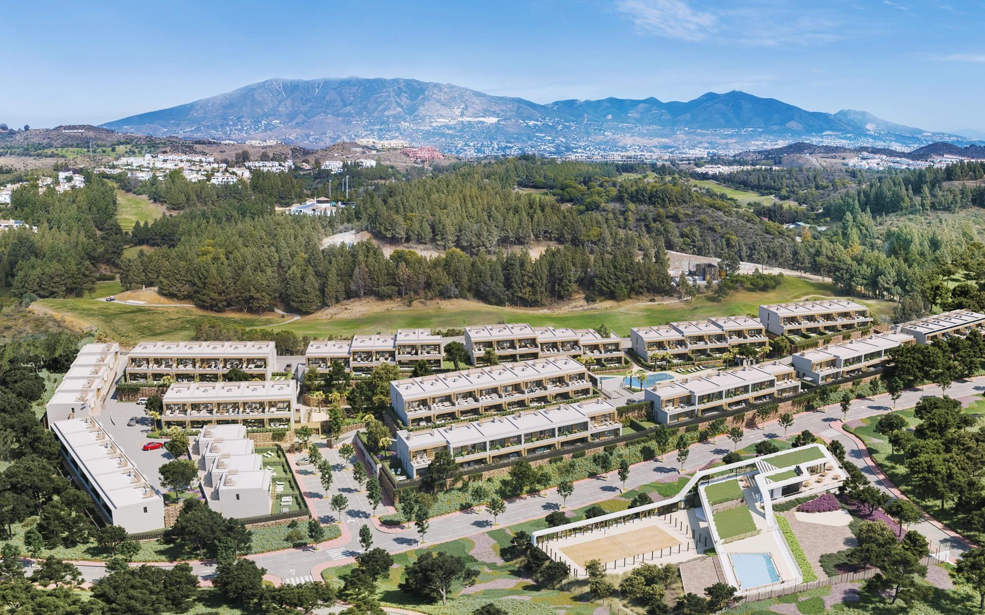 Communal pool area in new-build townhouse development, Calaburra, Mijas