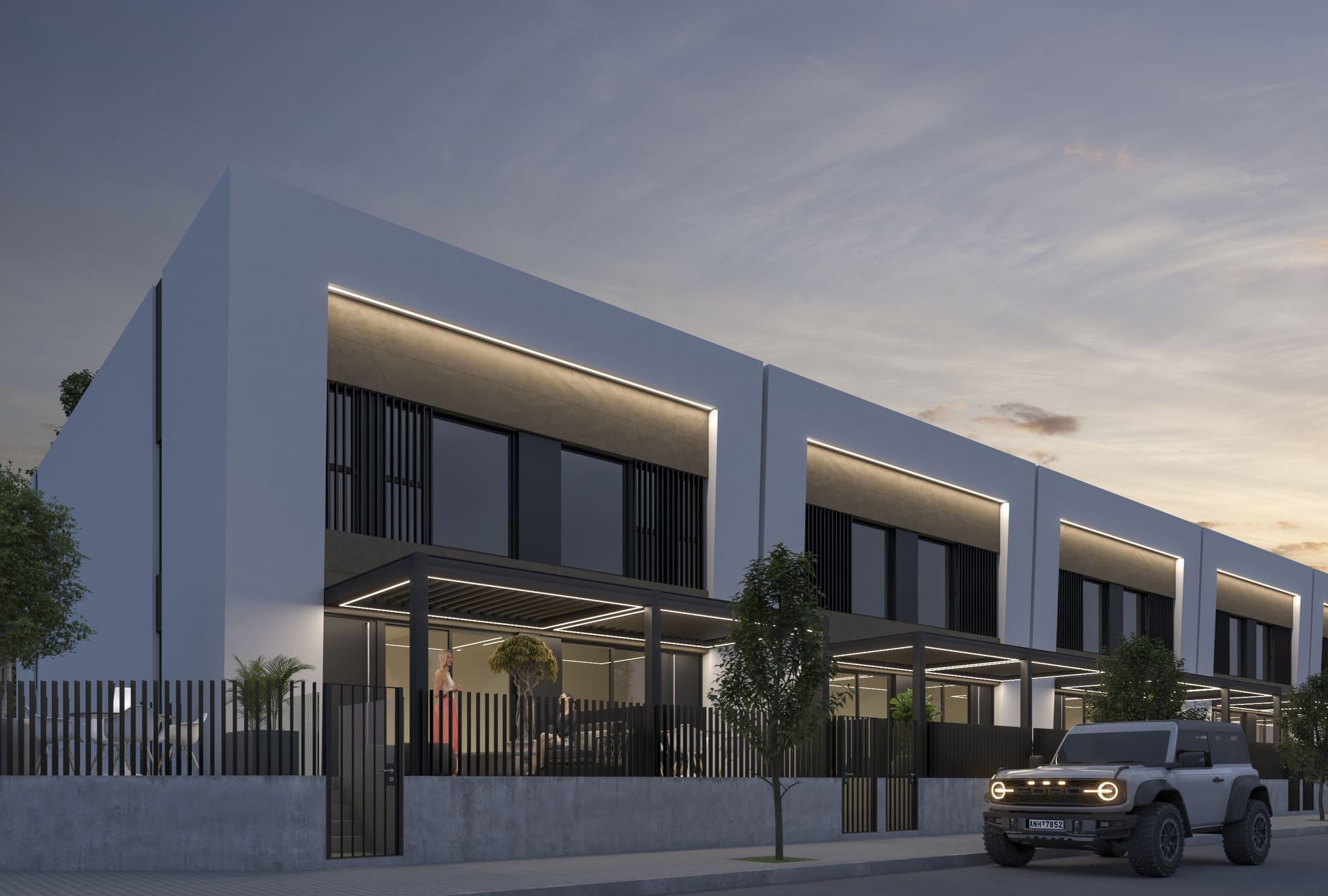 Development exterior at dusk, new-build bungalows, Dolores