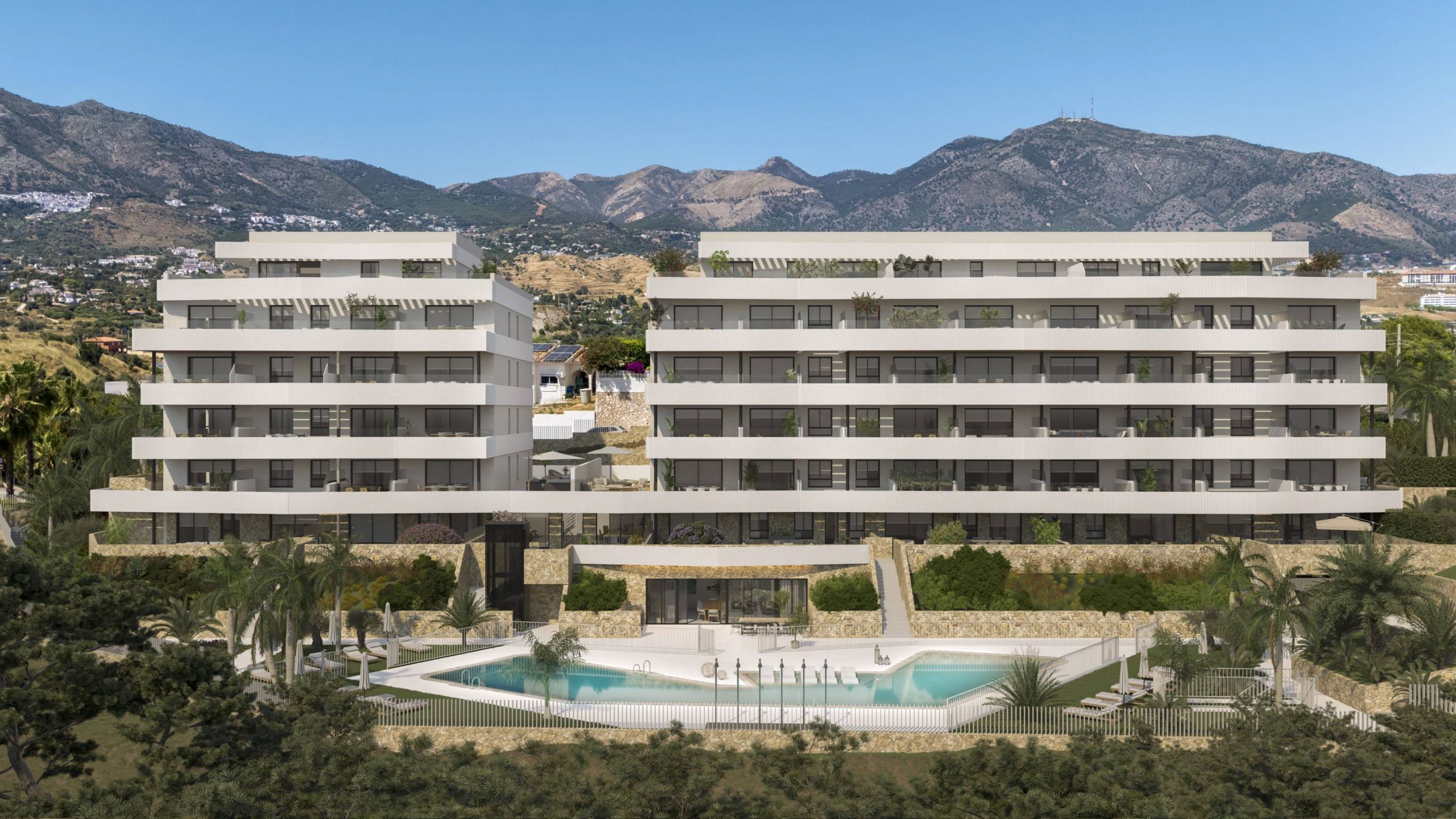 Landscaped communal area of new-build complex, El Coto, Mijas