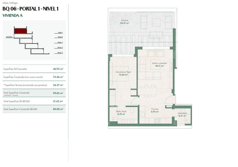 Floor plan of 1-bedroom new-build apartment in La Cala de Mijas, 99m2 internal area