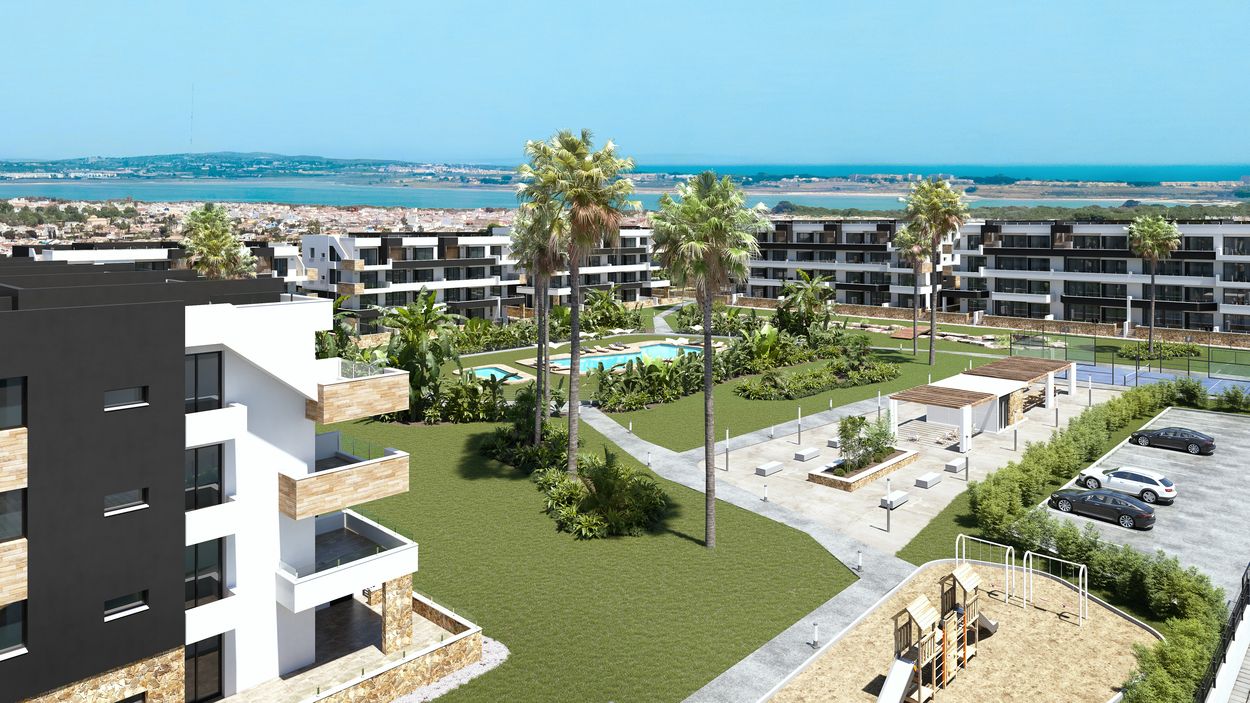 Landscaped communal gardens in new-build development, El Chaparral, Torrevieja