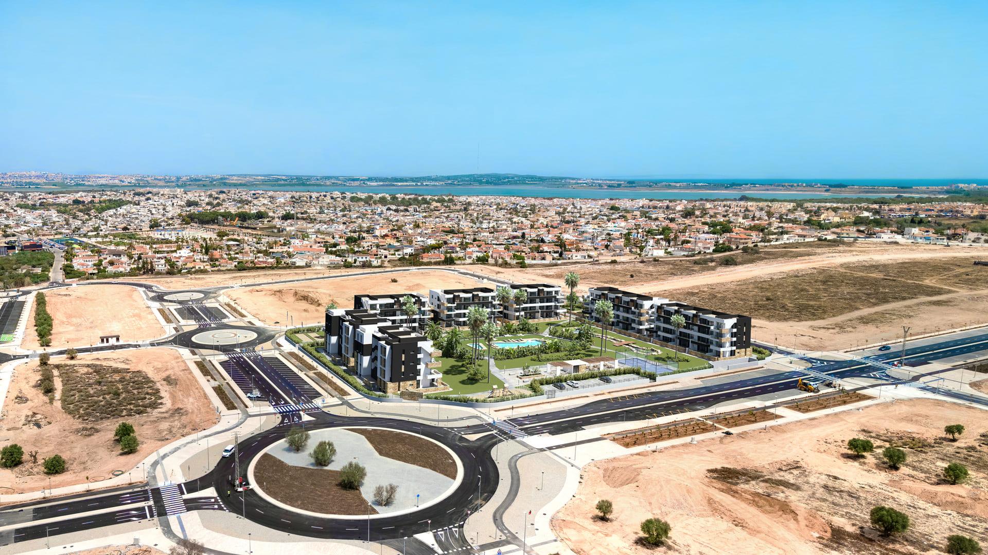 Entrance and facade of new-build residential complex, El Chaparral, Torrevieja
