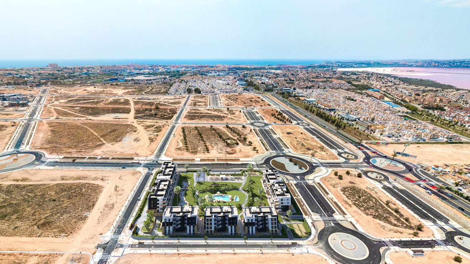 Site overview of new-build residential complex showing layout and grounds, El Chaparral, Torrevieja