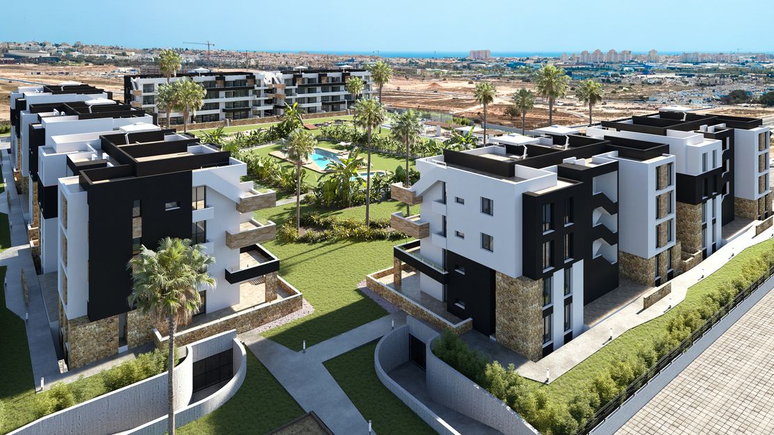 Open-plan living and dining area in 2-bedroom new-build apartment, El Chaparral, Torrevieja
