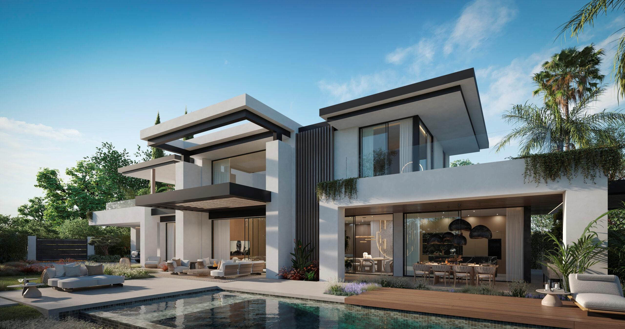 Exterior of new-build villa illuminated at night, San Pedro de Alcántara, Marbella