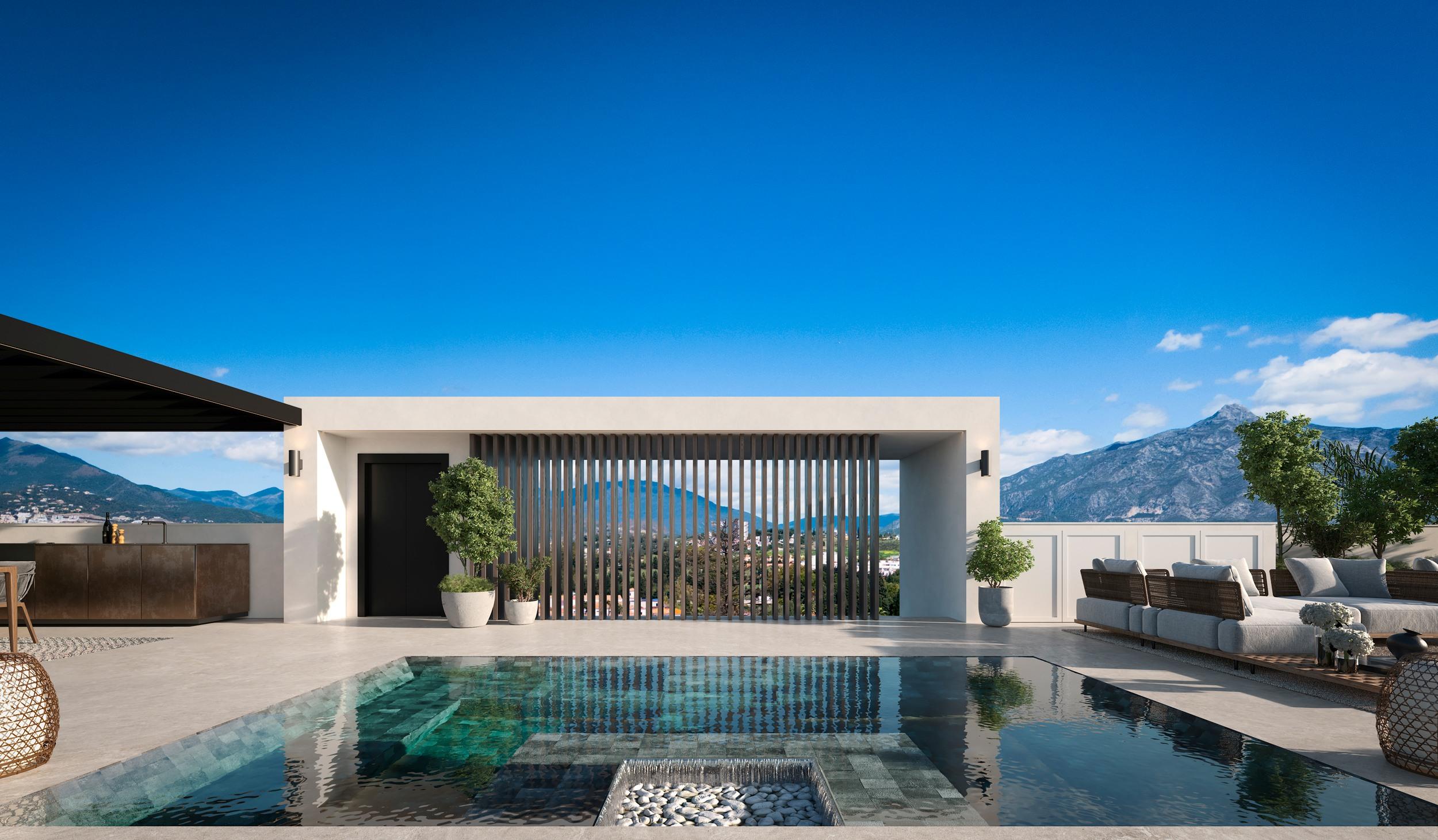 Rear facade of new-build villa viewed from garden, San Pedro de Alcántara