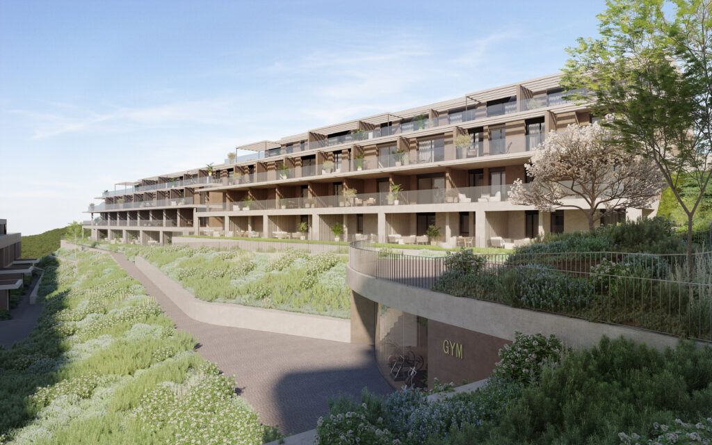 Building entrance and lift lobby, new-build apartment block, Valle Romano Golf