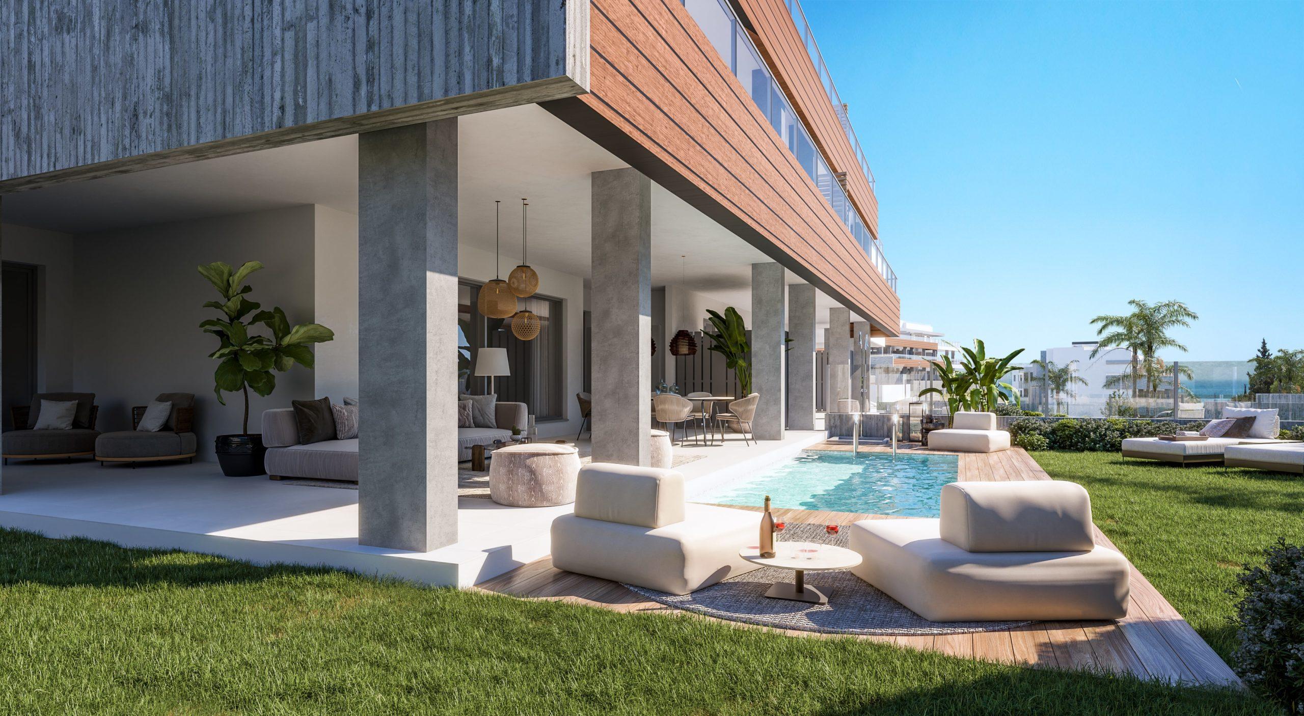Terrace and garden outlook from ground-floor apartment, Alto de los Monteros