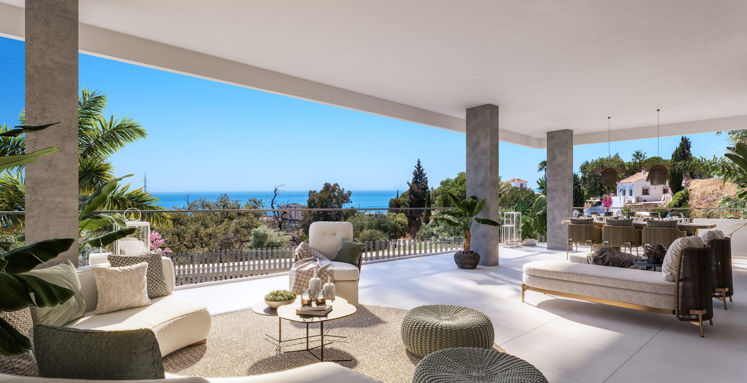External facade of new-build residential block showing upper floors, Alto de los Monteros, Marbella