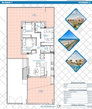 Floor plan of 77m2 3-bedroom ground-floor bungalow, Zona Pueblo, Pilar de la Horadada