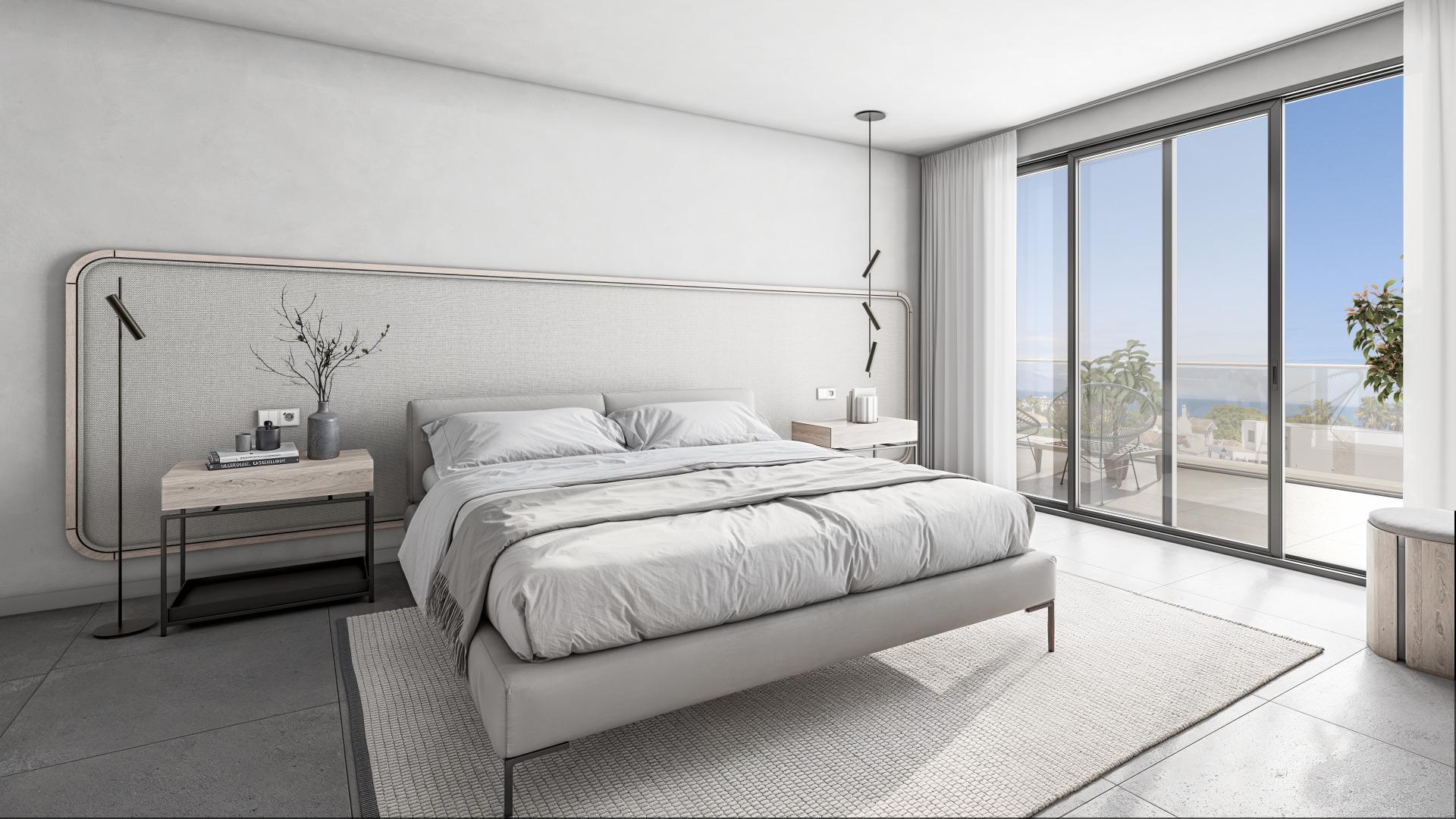 Master bedroom with built-in wardrobes in 2-bedroom apartment, El Castillo