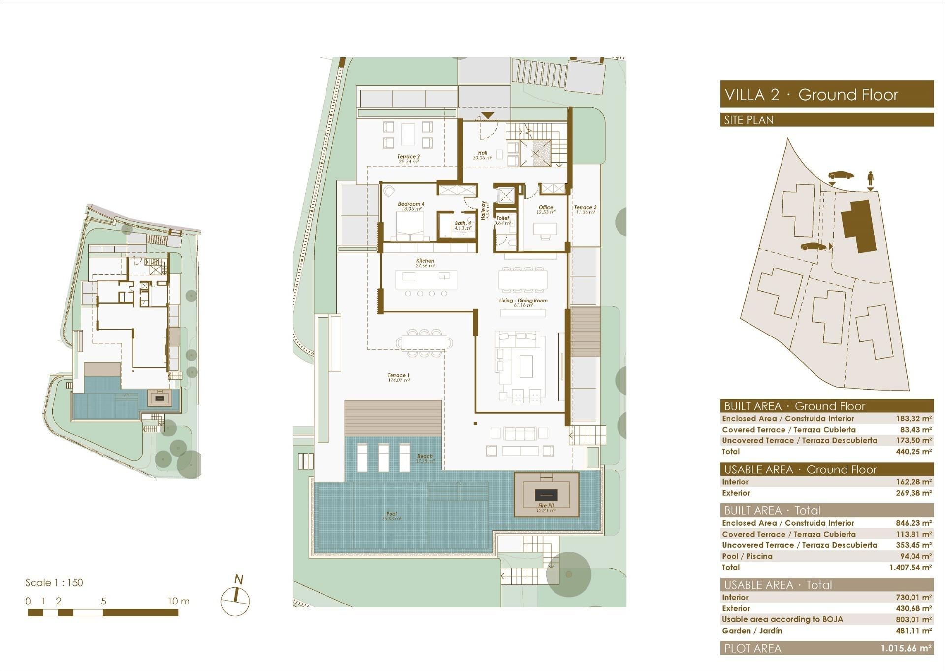 Annotated site plan showing plot boundaries, 5-bedroom villa, Cascada de Camoján
